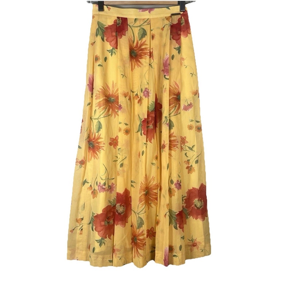 Geiger Collections Yellow Floral Poppy Pleated Maxi Skirt Made in Austria Sz 34